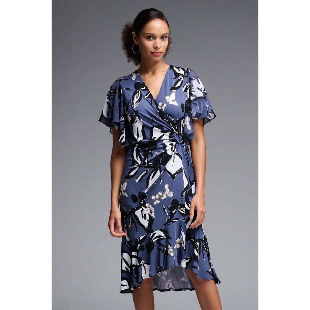 NWT Joseph Ribkoff Blue Floral Wrap Dress Ruffle Cocktail Women's 12